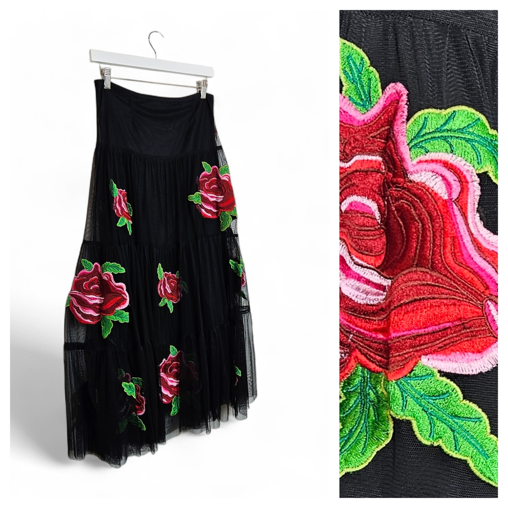 Black Midi Skirt with Red Rose Embroidery